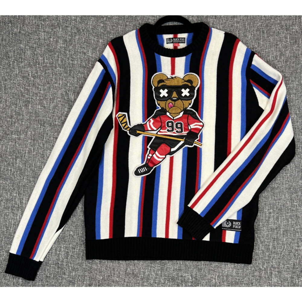 Black Pike Pullover Sweater Crewneck Knit Multicolor Hockey Bear Embroidered
